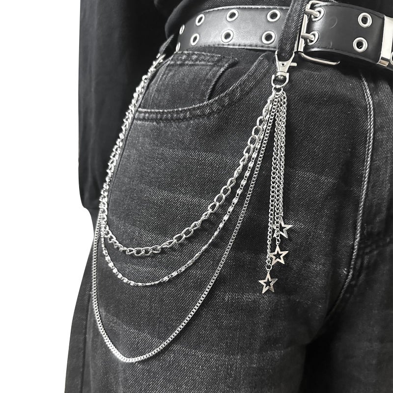 OWMOSYX Silver Star Pants Chain Layered Rock Wallet Jeans Trousers Chain Belt Vintage Goth Punk Hip Hop Body Accessories for Women Men (Tassel style) - Image 1