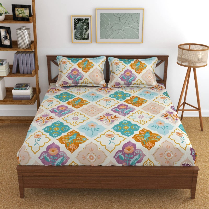 TARAIN COLLECTION Cotton 220 TC Printed Bedsheet for Double Bed with 2 Pillow 18x28 Inches Covers for Summer Breathable Soft Wrinklefree Soft Touch & Skin Friendly (90 X 100 Inches (White & Green) - Image 1