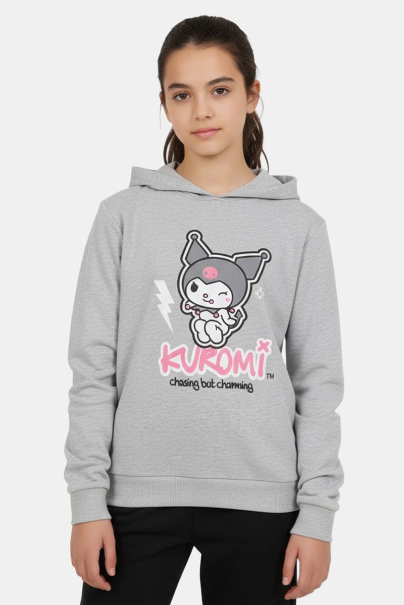 Sanrio هودي طويل الأكمام بطباعة كروماي للبنات، رمادي - Image 1