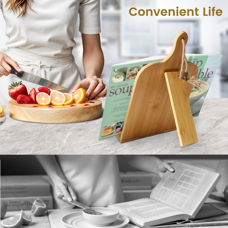 Femicgal Cookbook Stand for Kitchen Counter, Bamboo Cookbook Holder, Foldable Cook Book Holder, Adjustable Recipe Book Stand, Cook Book Stand with Measurement Conversion Chart - Image 4