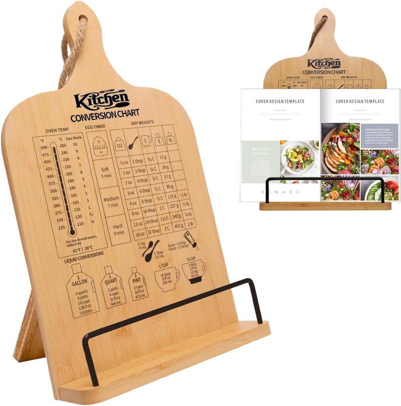 Femicgal Cookbook Stand for Kitchen Counter, Bamboo Cookbook Holder, Foldable Cook Book Holder, Adjustable Recipe Book Stand, Cook Book Stand with Measurement Conversion Chart - Image 1