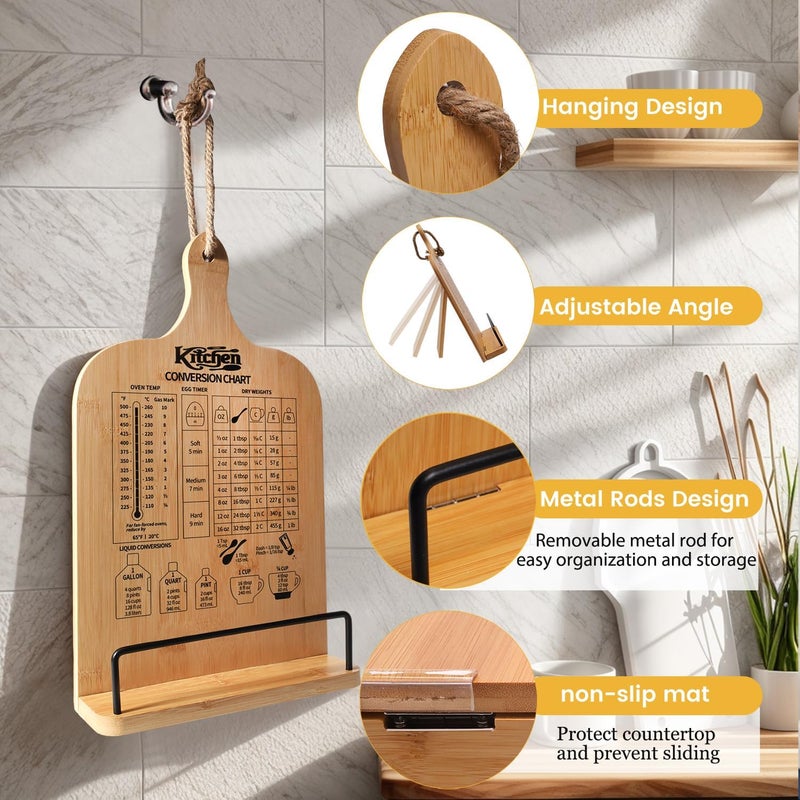 Femicgal Cookbook Stand for Kitchen Counter, Bamboo Cookbook Holder, Foldable Cook Book Holder, Adjustable Recipe Book Stand, Cook Book Stand with Measurement Conversion Chart - Image 3