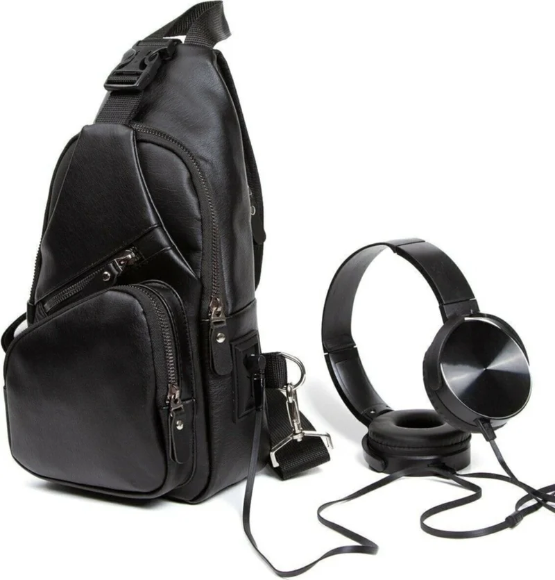 Avca Unisex Black Washed Leather USB Headphone Output Cross Strap Waist Shoulder Bag