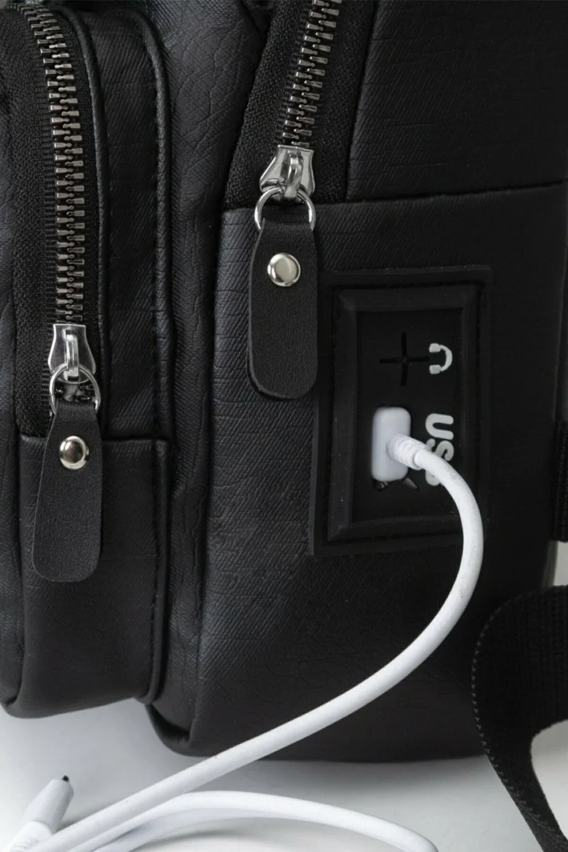 Avca Unisex Black Washed Leather USB Headphone Output Cross Strap Waist Shoulder Bag