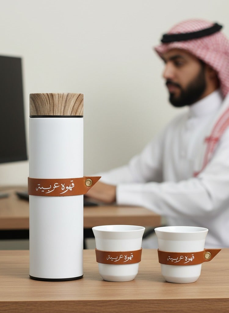 3pcs Coffee Gift Set, Including 1pc 400ml Stainless Steel Water Bottle with 2pcs 80ml Coffee Cups, Coffee Cups with Leather Sleeve, Insulated Tumbler with Wood Grain Lid, Travel Bottle and Water Cup - Image 1