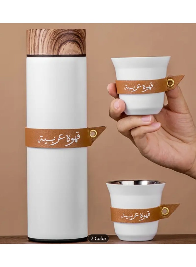 3pcs Coffee Gift Set, Including 1pc 400ml Stainless Steel Water Bottle with 2pcs 80ml Coffee Cups, Coffee Cups with Leather Sleeve, Insulated Tumbler with Wood Grain Lid, Travel Bottle and Water Cup - Image 3