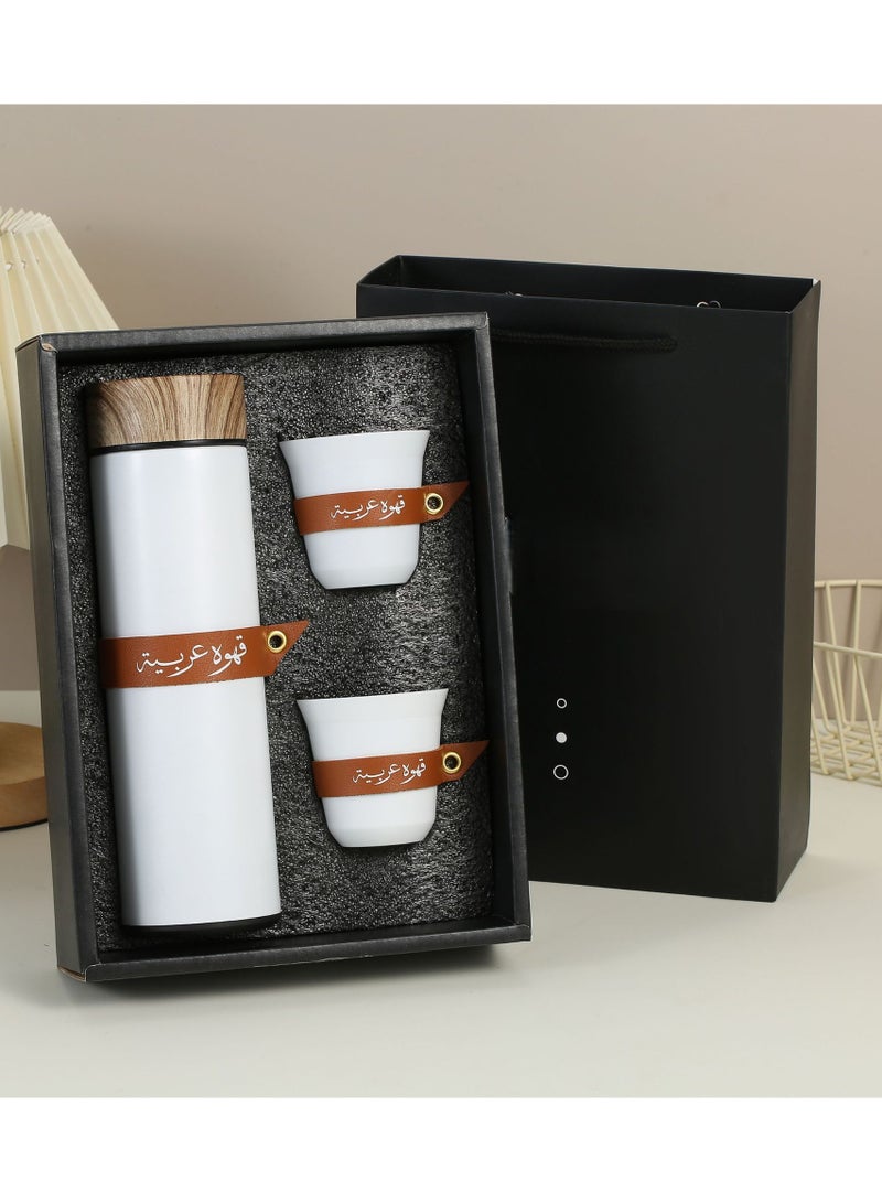 3pcs Coffee Gift Set, Including 1pc 400ml Stainless Steel Water Bottle with 2pcs 80ml Coffee Cups, Coffee Cups with Leather Sleeve, Insulated Tumbler with Wood Grain Lid, Travel Bottle and Water Cup - Image 2