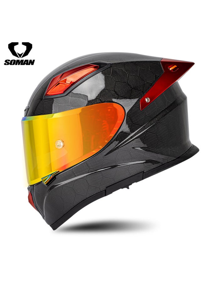 Soman Carbon Fiber Motorcycle Racing Full Helmet for Men and Women, Snake Pattern Red Flame, Transparent Red Lens