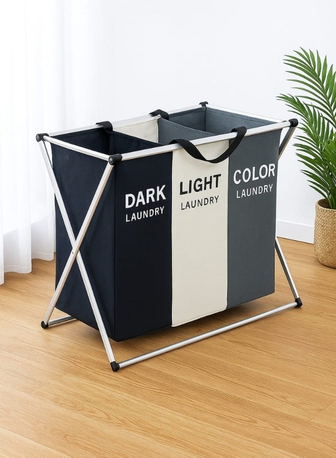 حقيبة غسيل من قماش أكسفورد مكونة من 3 أقسام قابلة للطي مع إطار من الألومنيوم لتخزين الملابس المتسخة للحمام وغرفة النوم والمنزل