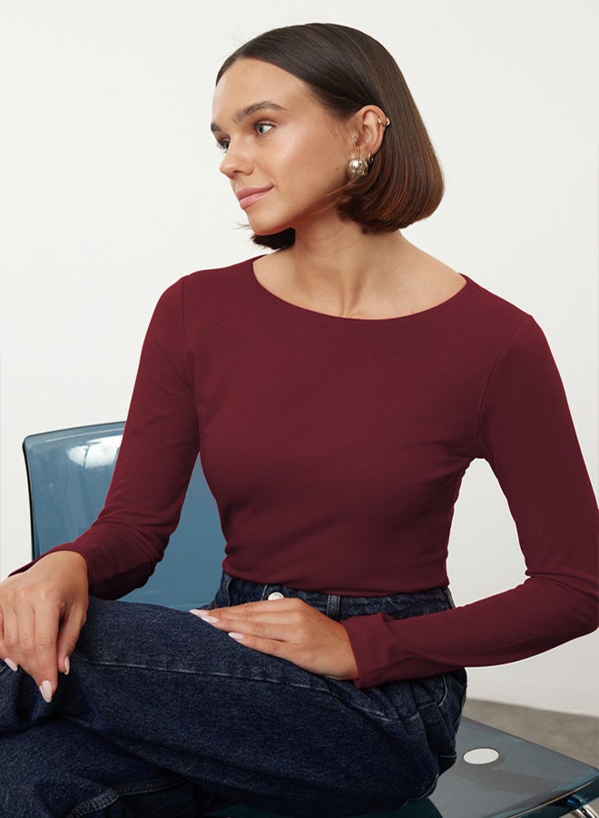 trendyol Claret Red Cotton Boat Neck Fitted/Fits Body Flexible Blouse TWOAW24BZ00166 - Image 2
