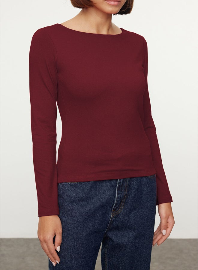 trendyol Claret Red Cotton Boat Neck Fitted/Fits Body Flexible Blouse TWOAW24BZ00166 - Image 3