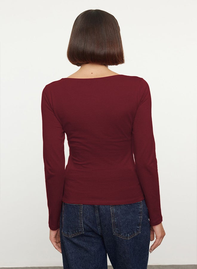 trendyol Claret Red Cotton Boat Neck Fitted/Fits Body Flexible Blouse TWOAW24BZ00166 - Image 4