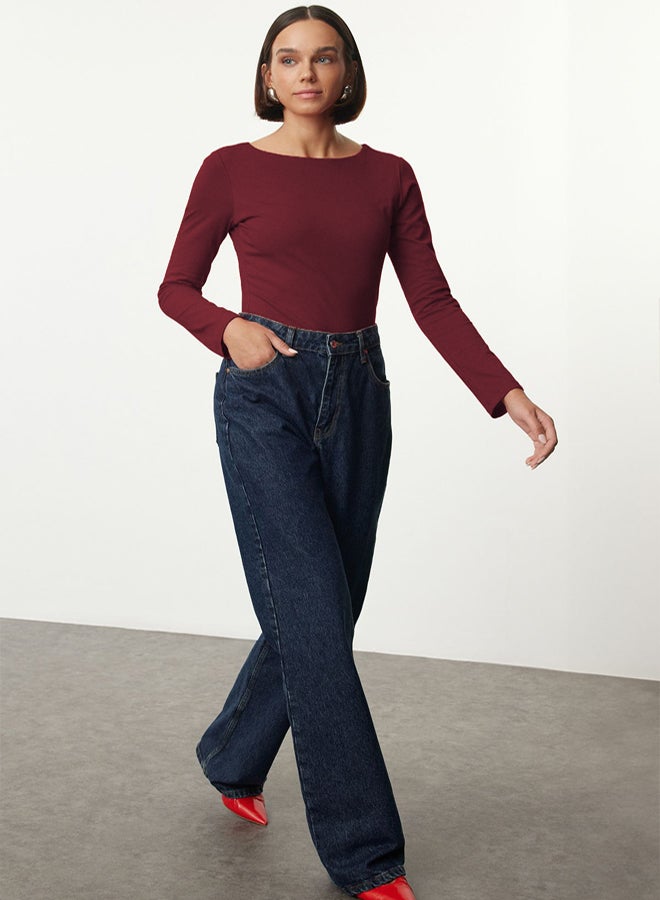 trendyol Claret Red Cotton Boat Neck Fitted/Fits Body Flexible Blouse TWOAW24BZ00166 - Image 1