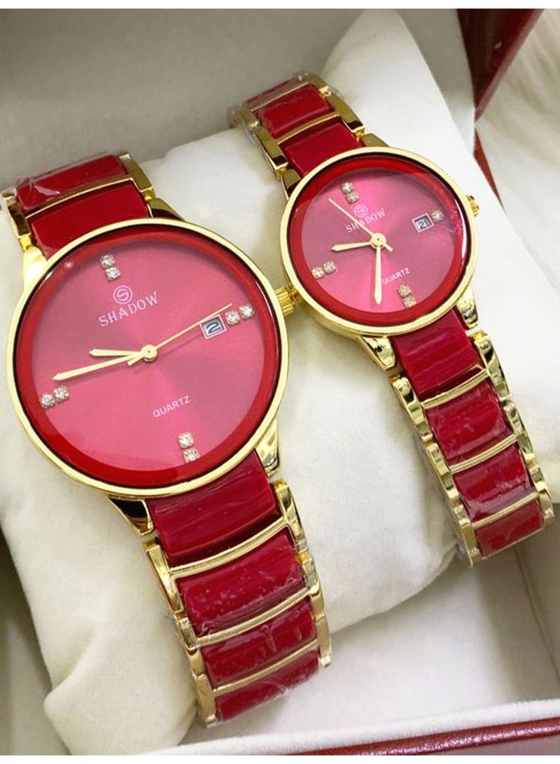 شادو الخيار الأول: طقم ساعات كوبل من Shadow - ستانلس ستيل باللون الأحمر والذهبي مع عرض التاريخ وفصوص كريستال. - Image 1