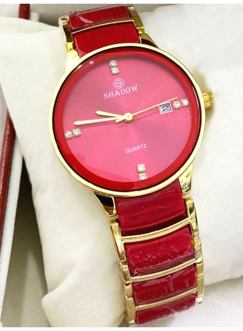 شادو الخيار الأول: طقم ساعات كوبل من Shadow - ستانلس ستيل باللون الأحمر والذهبي مع عرض التاريخ وفصوص كريستال. - Image 2
