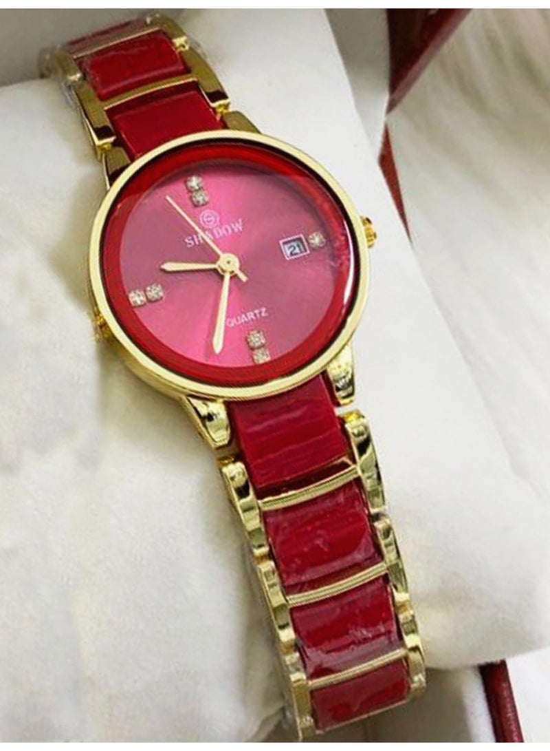 شادو الخيار الأول: طقم ساعات كوبل من Shadow - ستانلس ستيل باللون الأحمر والذهبي مع عرض التاريخ وفصوص كريستال. - Image 3