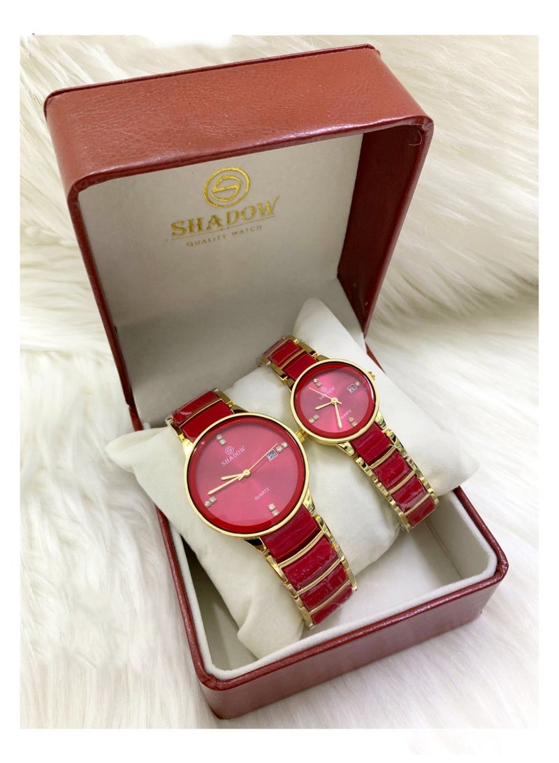 شادو الخيار الأول: طقم ساعات كوبل من Shadow - ستانلس ستيل باللون الأحمر والذهبي مع عرض التاريخ وفصوص كريستال. - Image 4