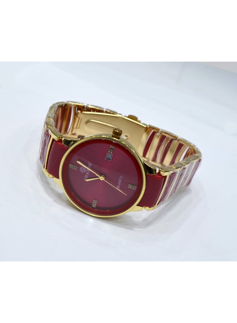 شادو الخيار الأول: طقم ساعات كوبل من Shadow - ستانلس ستيل باللون الأحمر والذهبي مع عرض التاريخ وفصوص كريستال. - Image 5