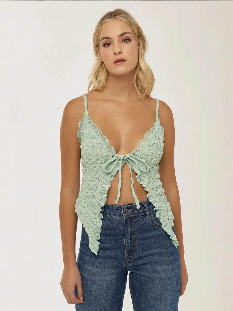HICCUP Textured Lace V-Neck Crop Top