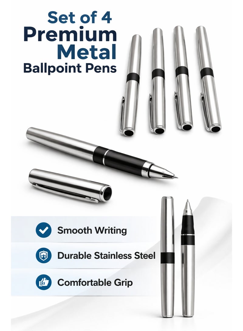 مجموعة أقلام حبر جاف معدنية فاخرة مكونة من 4 أقلام - أقلام من الفولاذ المقاوم للصدأ للكتابة السلسة مع قبضة مريحة، مثالية للمكتب والمدرسة والاستخدام اليومي - Image 5