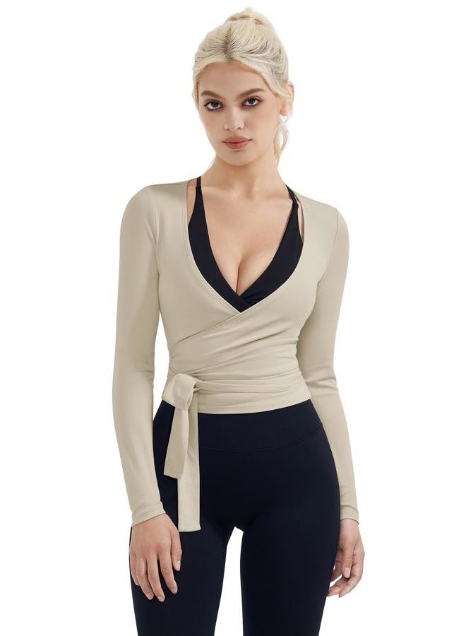 SUUKSESS Women Pilates Wrap Workout Cropped Top Ribbed Long Sleeve V Neck Tie Front Ballet Yoga Shrug Blouse, Khaki, M - Image 2