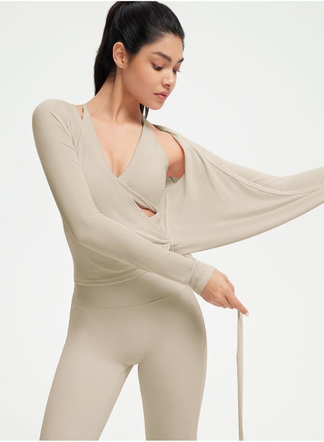 SUUKSESS Women Pilates Wrap Workout Cropped Top Ribbed Long Sleeve V Neck Tie Front Ballet Yoga Shrug Blouse, Khaki, M - Image 3