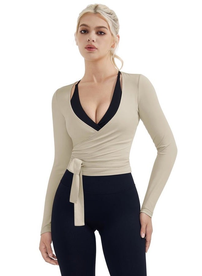 SUUKSESS Women Pilates Wrap Workout Cropped Top Ribbed Long Sleeve V Neck Tie Front Ballet Yoga Shrug Blouse, Khaki, M - Image 1