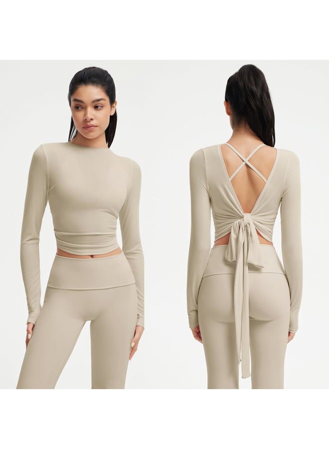 SUUKSESS Women Pilates Wrap Workout Cropped Top Ribbed Long Sleeve V Neck Tie Front Ballet Yoga Shrug Blouse, Khaki, M - Image 5