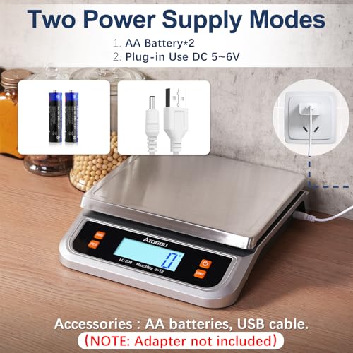 Atogou 88lb Food Scale, Commercial Kitchen Scale Plug-in Usable with Full View LCD Display, Stainless Steel, for Baking, Bread, Cooking, Meat, Vegetables, Farm, Industry LC200 Silver - Image 4