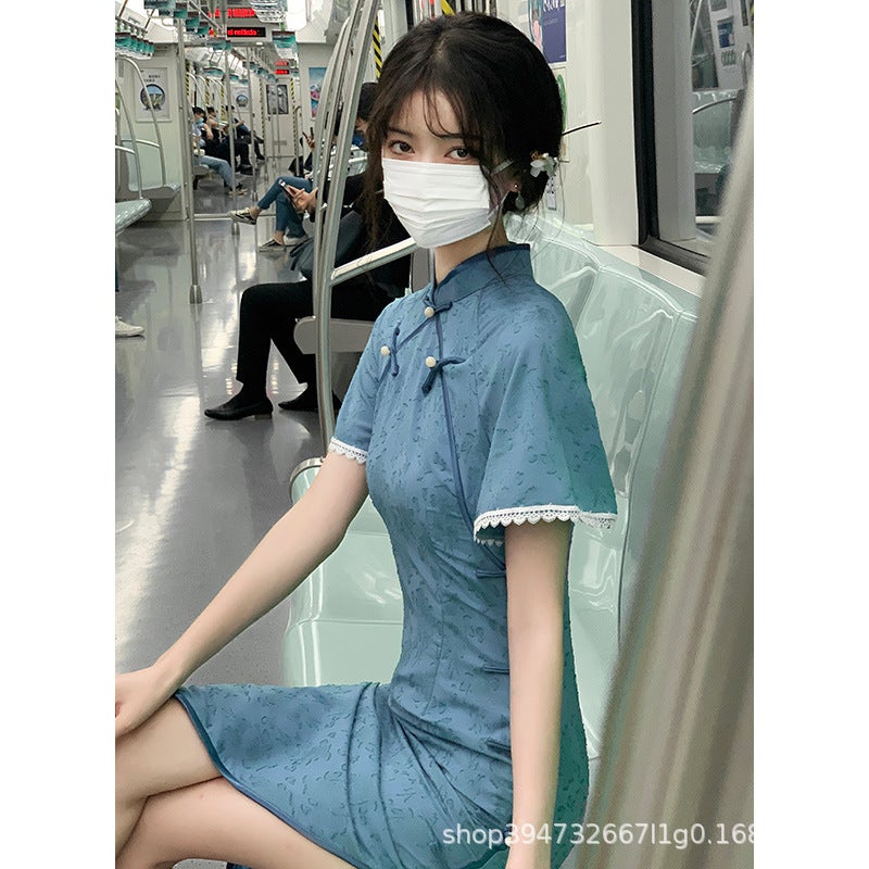 Blue Classy Elegant Improved Version Of Cheongsam Girls Summer Daily Elegant Small Young Style - Image 1