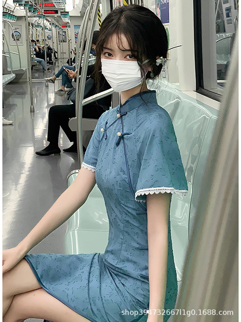 Blue Classy Elegant Improved Version Of Cheongsam Girls Summer Daily Elegant Small Young Style - Image 2