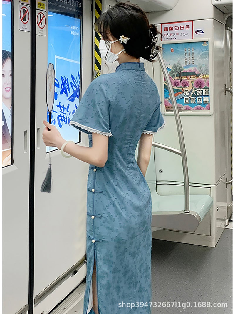 Blue Classy Elegant Improved Version Of Cheongsam Girls Summer Daily Elegant Small Young Style - Image 3