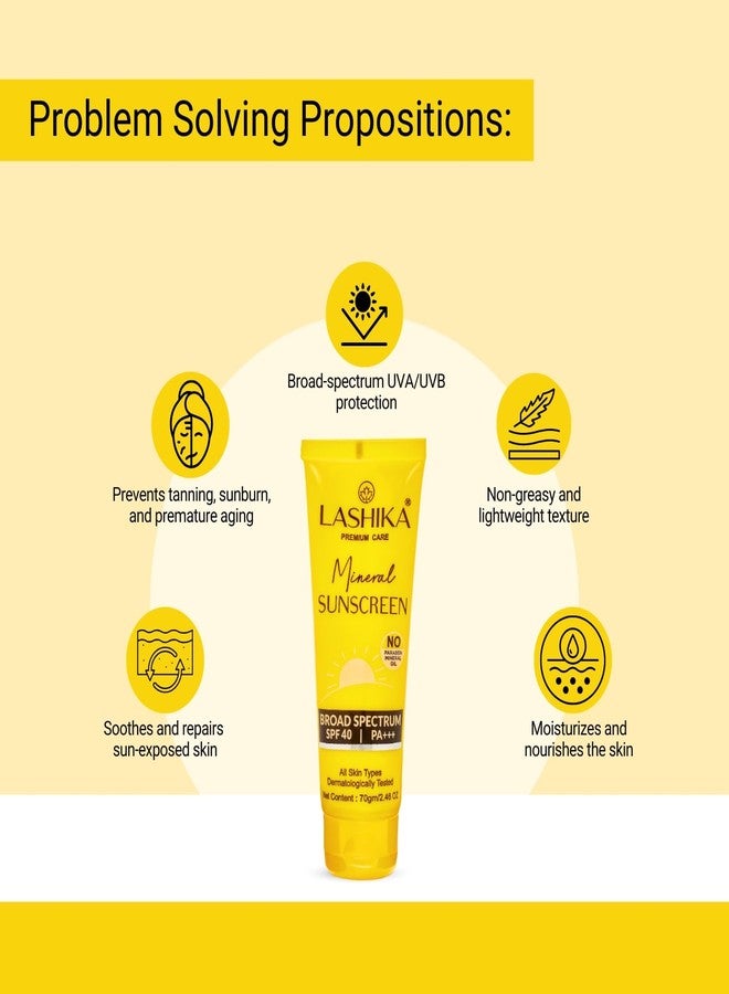 Lashika Mineral Sunscreen SPF 40 with Zinc Oxide & Titanium Dioxide - Broad Spectrum UVA UVB Protection with Aloe Vera, Vitamin E & Shea Butter - 70gm - Image 2