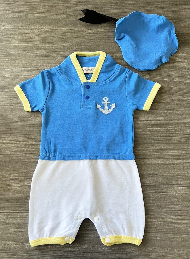 stylesilove Baby Boy Blue Donald Duck Inspired Short Sleeve Cartoon Romper and Hat 2pcs Cotton Outfit (Blue, 6-12 Months) - Image 2
