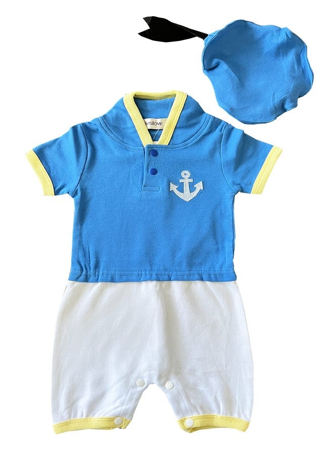stylesilove Baby Boy Blue Donald Duck Inspired Short Sleeve Cartoon Romper and Hat 2pcs Cotton Outfit (Blue, 6-12 Months) - Image 1