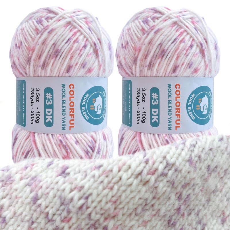 FREEASYFAR 2 Pack Wool Blend Yarn 2x35oz 285yds 3 DK 20 Wool 80 Acrylic Variegated SinglePly Soft Crochet Knitting Wool Yarn for Sweaters Scarves Hats Petal Whisper - Image 3