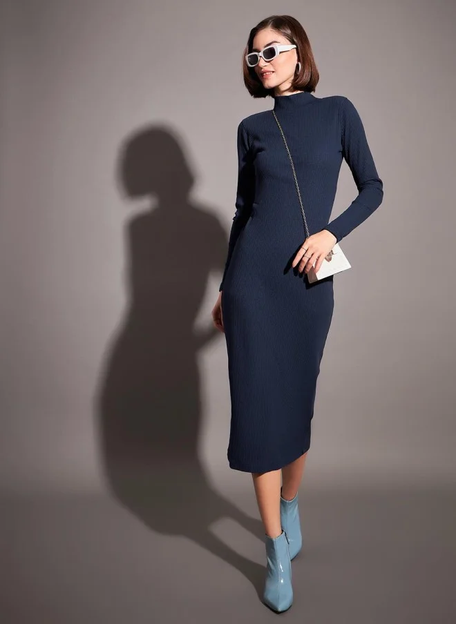 ساسافراس Navy Blue High Neck Long Sleeves Bodycon Midi Dress for Women