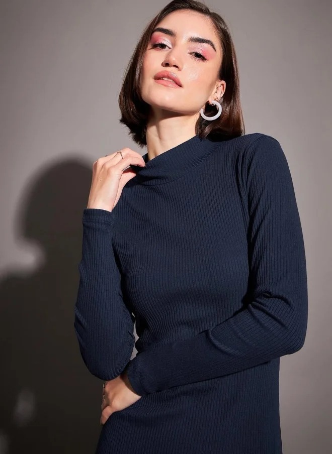 ساسافراس Navy Blue High Neck Long Sleeves Bodycon Midi Dress for Women