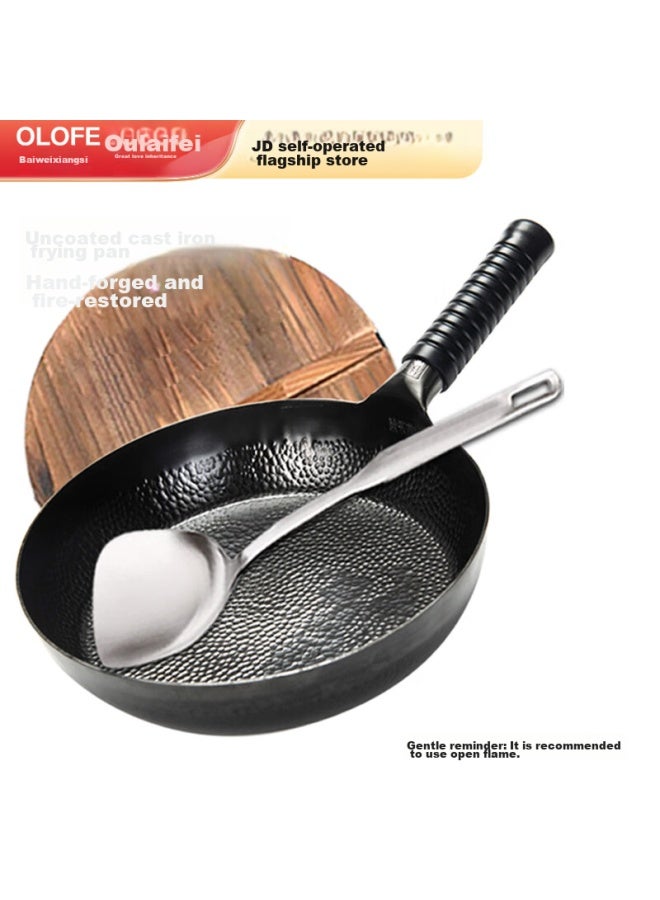 Olofe Zhangqiu Deep Flat-bottom Black Iron Wok, Non-coated, Non-stick, For Pancakes, Grilled Meat, Steak, Breakfast, Fried Eggs, 28cm - Image 1