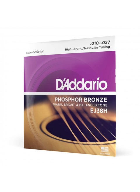 D'Addario Guitar Strings - Phosphor Bronze Acoustic Guitar Strings - EJ38H - Rich, Full Tonal Spectrum - For 6 String Guitars - 10-27 High Strung/Nashville Tuning