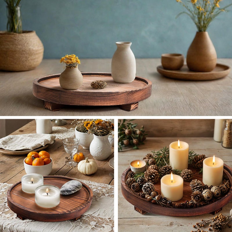 DEBETOOL Round Wooden Decorative Tray - Rustic Wood Soap Tray for Kitchen and Bathroom Counter Organizer, Farmhouse Kitchen Decor Wooden Riser for Soap Dish, Perfume, Candle, Potted - Image 5