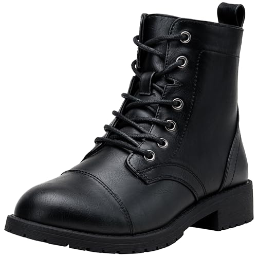 Vepose Women's Black Ankle Boots Lace up, Flat Fashion Combat Booties Low Heel, 910 Size 7 US (CJY910 Black 07) - Image 1