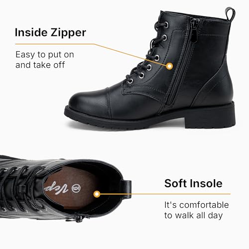Vepose Women's Black Ankle Boots Lace up, Flat Fashion Combat Booties Low Heel, 910 Size 7 US (CJY910 Black 07) - Image 3