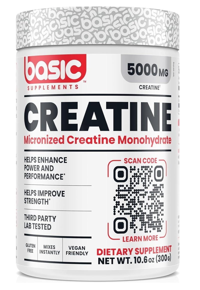 Basic Supplement Creatine Monohydrate 5000mg Powder 300g – Micronized Creatine for Strength & Performance, Unflavored, Vegan Friendly - Image 1