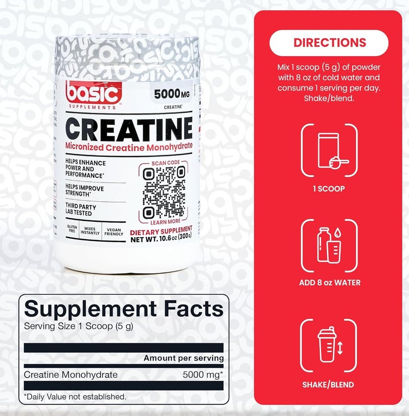 Basic Supplement Creatine Monohydrate 5000mg Powder 300g – Micronized Creatine for Strength & Performance, Unflavored, Vegan Friendly - Image 2