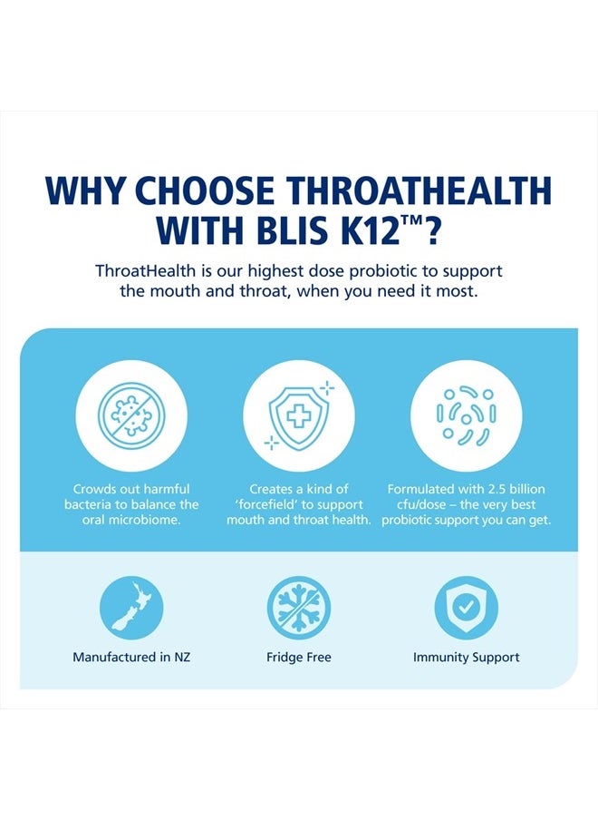 BLIS Probiotics ThroatHealth Oral Probiotics k12 2.5 Billion Cfu, Throat Immunity Support & Oral Health for Adults & Kids, Sugar-Free Lozenges (30 Pack)  - Image 4