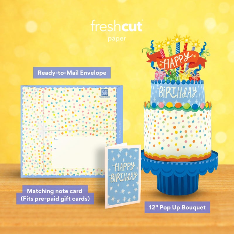 Freshcut Paper Pop Up Cards, Confetti Birthday Cake, 12 Inch Life Sized Tiered Cake, 3D Popup Greeting Cards, Birthday Card, Thank You Card, Blank Notecard & Envelope - Image 2