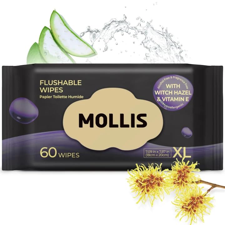 MOLLIS Witch Hazel Flushable Wipes for Adults, Extra Large Unscented Wet Wipes with Vitamin E, Gentle for Sensitive Skin, 100% Plant-Based, Sewer & Septic Safe, 60 Count - Image 1