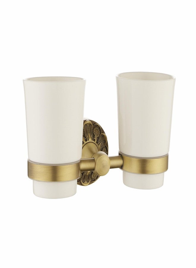 Lucyound Double Toothbrush Holder Wall Mounted, Mouthwash Cup Holder for Bathroom Wall, Antique Brass Holder and Two White Ceramic Cups, Vintage Petal-Relief Bathroom Decorative Accessories - Image 1