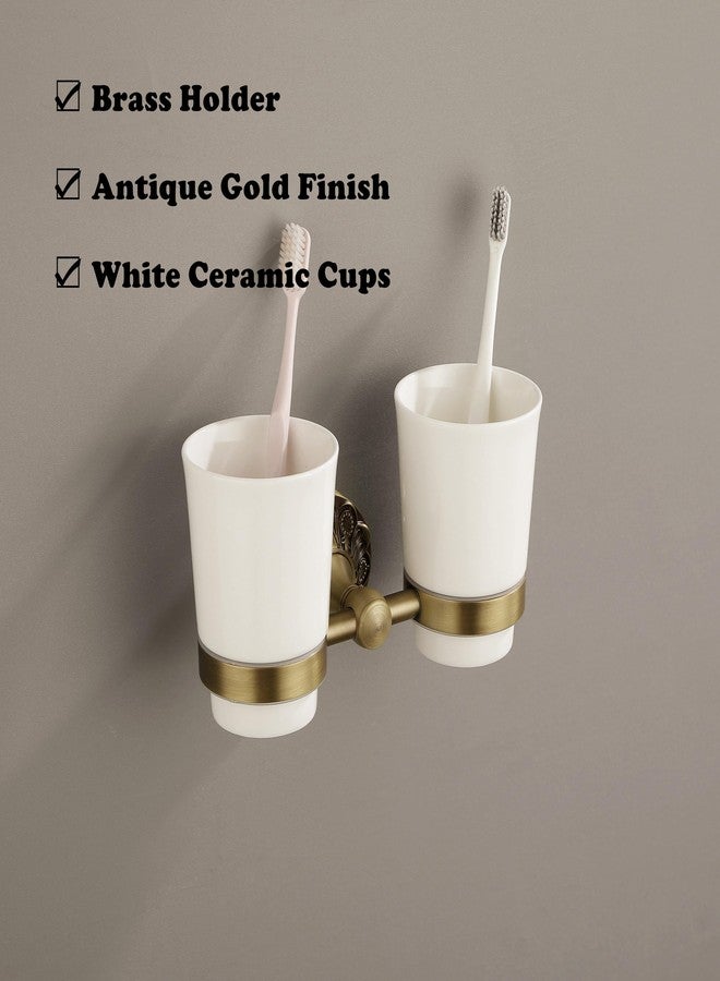 Lucyound Double Toothbrush Holder Wall Mounted, Mouthwash Cup Holder for Bathroom Wall, Antique Brass Holder and Two White Ceramic Cups, Vintage Petal-Relief Bathroom Decorative Accessories - Image 3